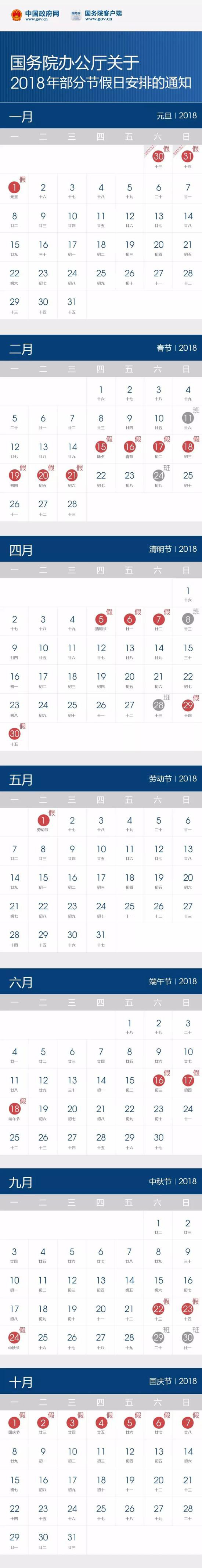 2018年放假安排出炉:春节2月15日至21日放假调休